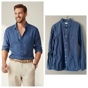 GAP Coastal Grandfather Blue Linen Blend Shirt Breathable Minimalist